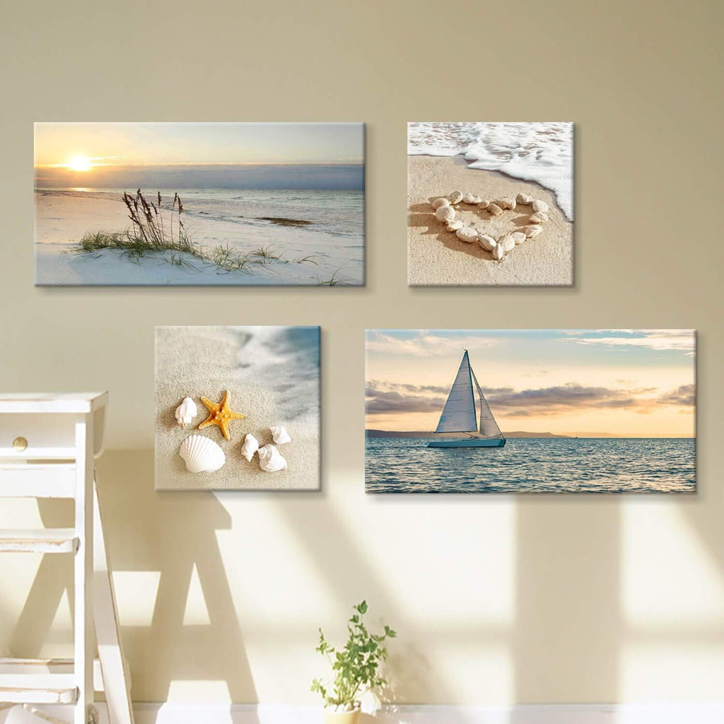 Sunset Canvas Art Seascape Painting with Sailboat Wall Art, 32'' x 16'' x 2 Panels + 16'' x 16'' x 2 Panels P14619