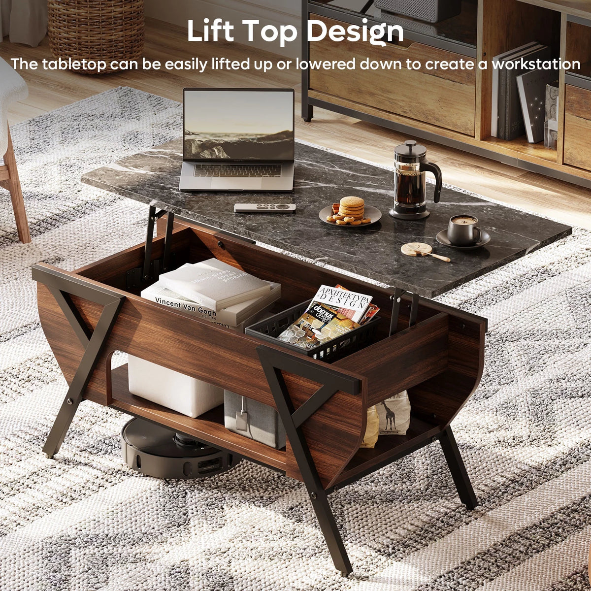 Lift Top Coffee Table with LED Lights and 2-Tier Storage Shelf P160164
