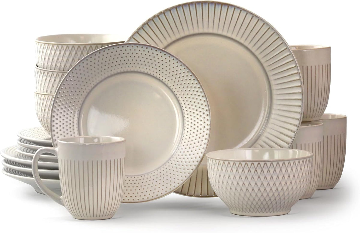 16 Piece Round Stoneware Dinnerware Set in Embossed White J216