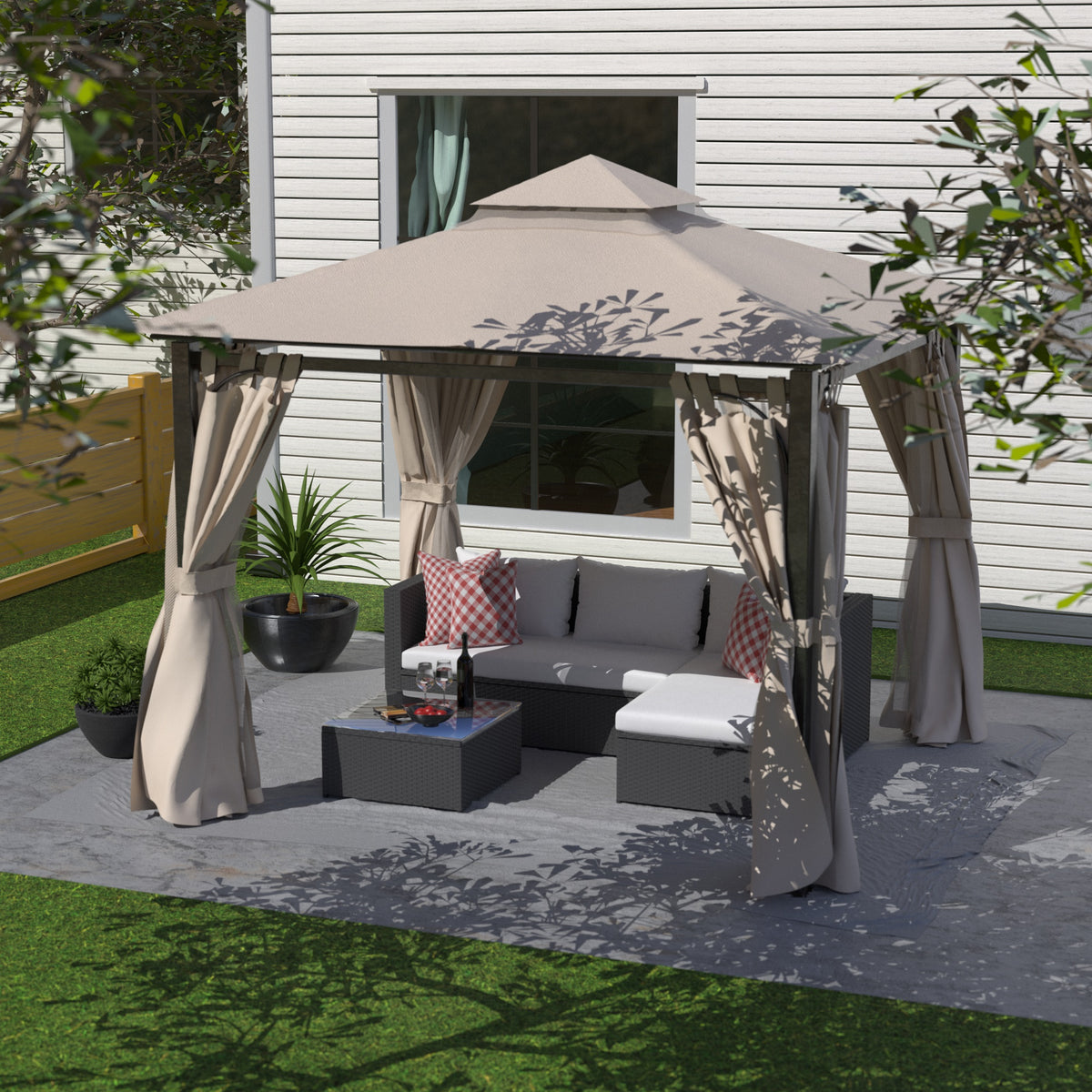 10 x 10 Outdoor Polyester Gazebo with Mosquito Netting and Privacy Curtains U524