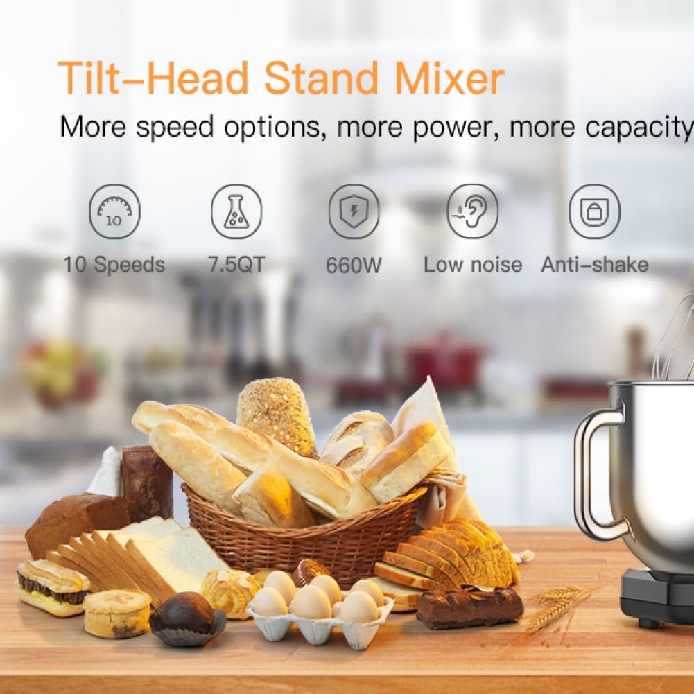7.5 Qt 660W 10-Speed Tilt-Head Stand Mixer with Stainless Steel Bowl B8821