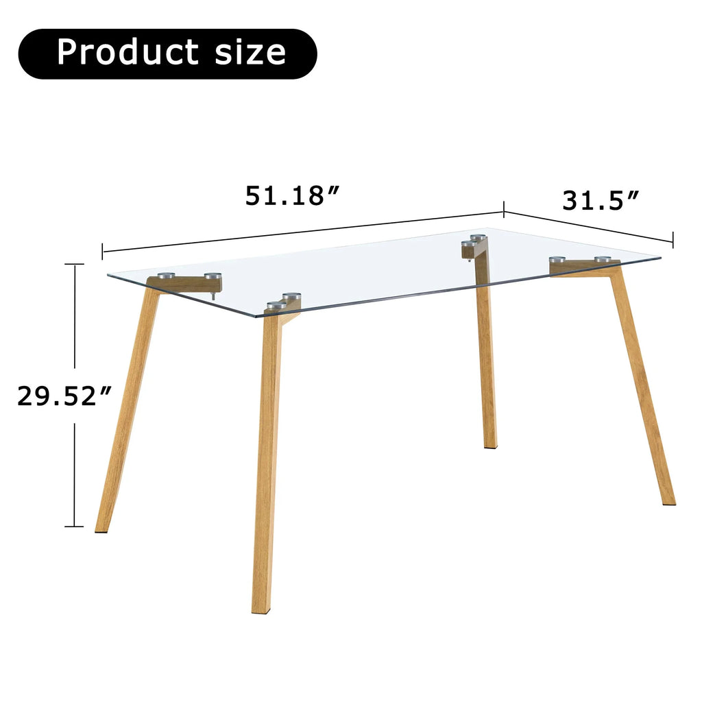 Glass Dining Table Rectangular with Tempered Glass Tabletop and Black Metal Legs O120