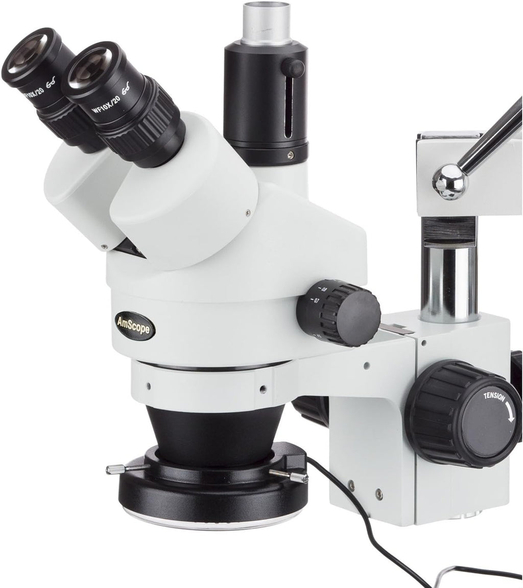 Trinocular Stereo Zoom Microscope, 3.5X-90X Magnification, 0.7X-4.5X Zoom Objective, LED Ring Light, Double-Arm Boom Stand, 0.5X and 2.0X Barlow Lens N975263