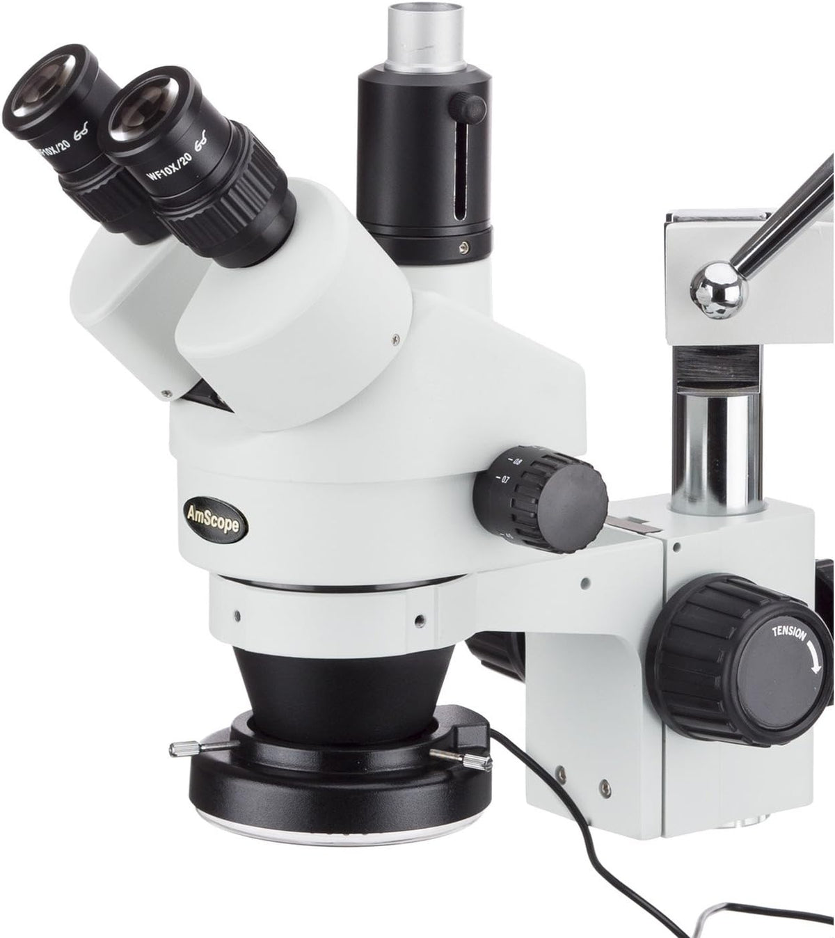 Trinocular Stereo Zoom Microscope, 3.5X-90X Magnification, 0.7X-4.5X Zoom Objective, LED Ring Light, Double-Arm Boom Stand, 0.5X and 2.0X Barlow Lens N975263