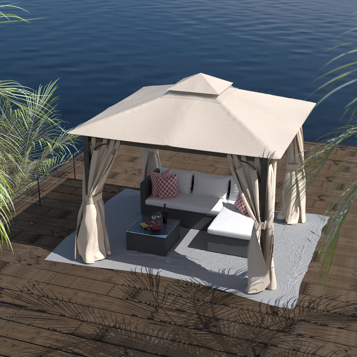 10 x 10 Outdoor Polyester Gazebo with Mosquito Netting and Privacy Curtains U524