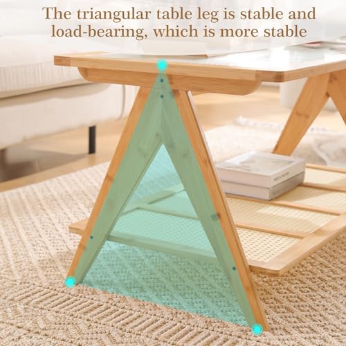 2-Tier Rattan Glass Coffee Table with Storage Shelf L547