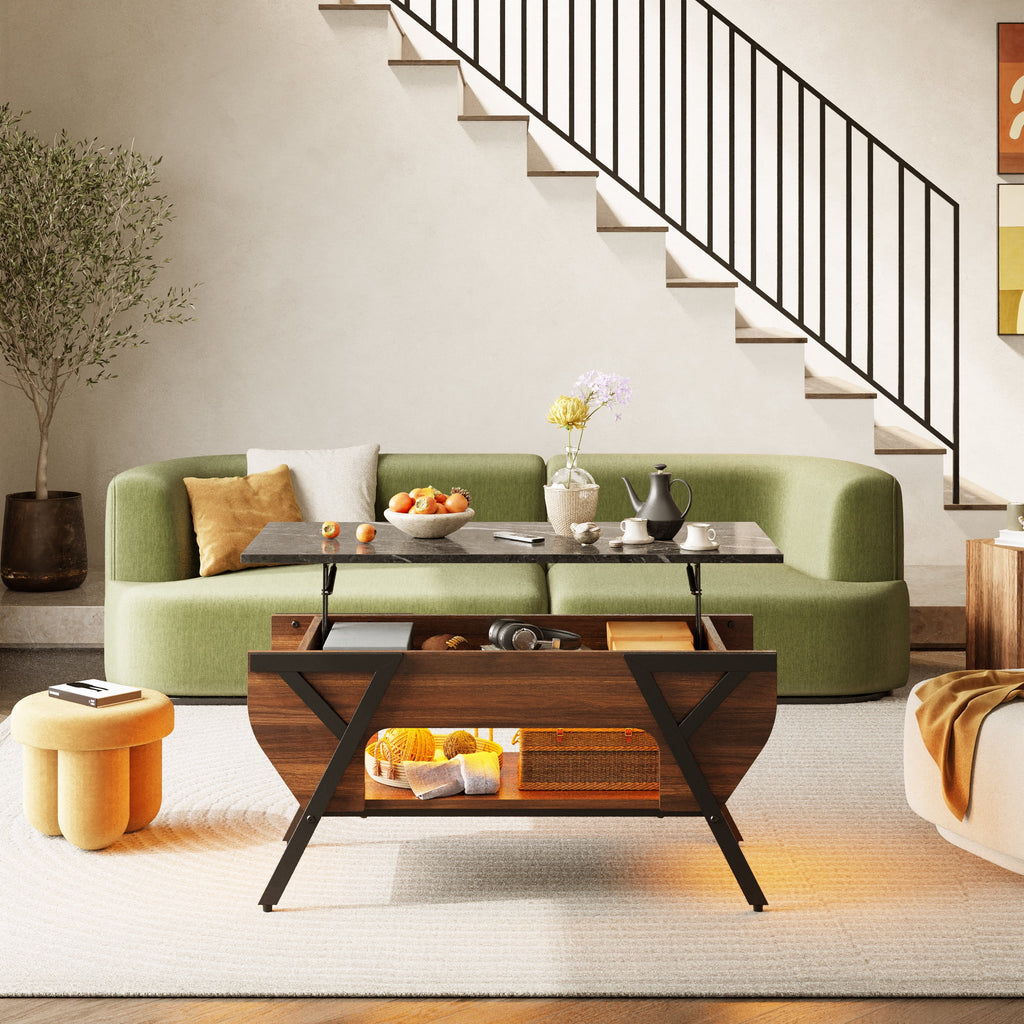 Lift Top Coffee Table with LED Lights and 2-Tier Storage Shelf P160164