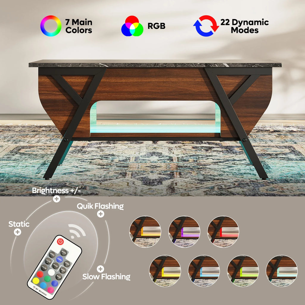 Lift Top Coffee Table with LED Lights and 2-Tier Storage Shelf P160164