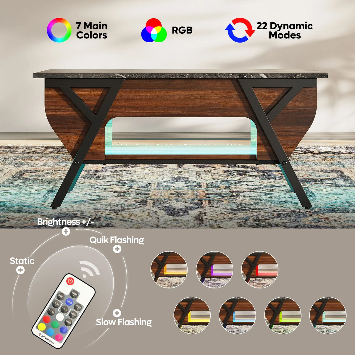Lift Top Coffee Table with LED Lights and 2-Tier Storage Shelf P160164