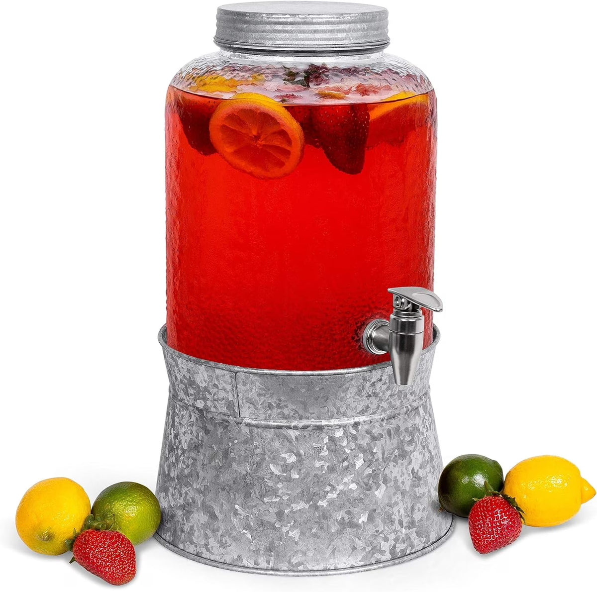 Pebbled Glass Beverage Dispenser With Galvanized Stand O607