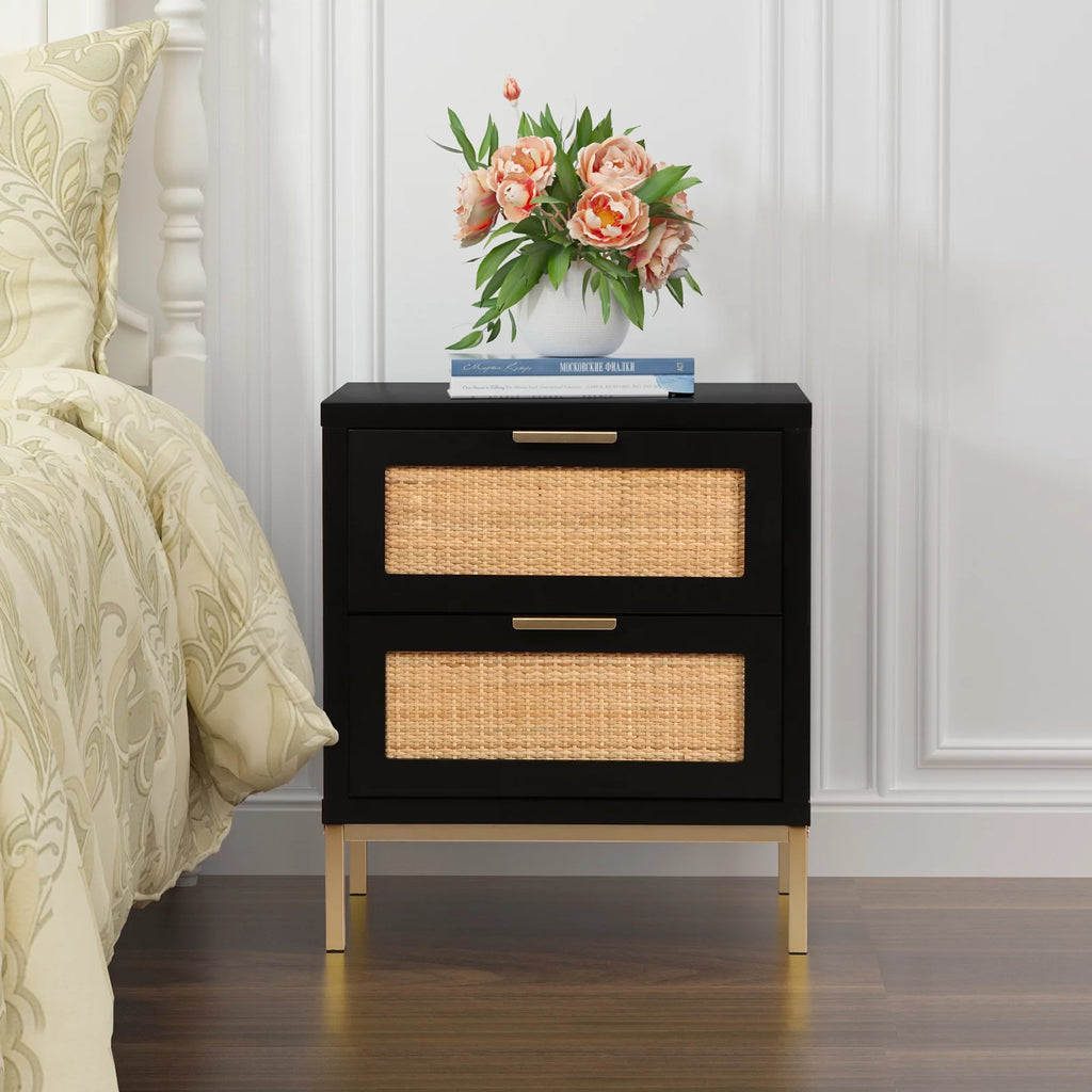 Modern Farmhouse 2 Rattan Drawer Wood Nightstand E959