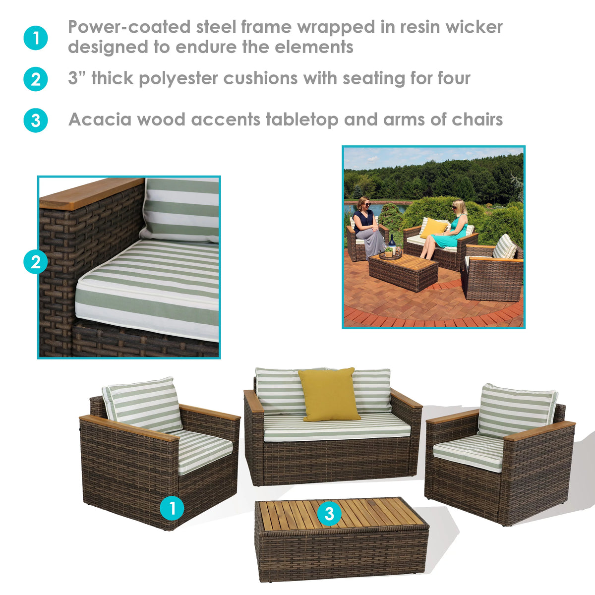 Rattan and Acacia Wood 4pc Patio Conversation Furniture Set with Cushions X2436