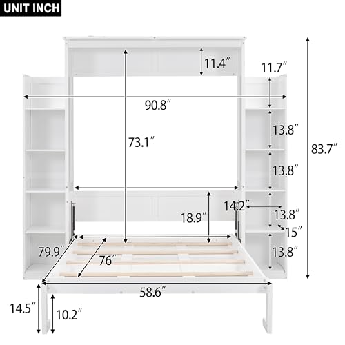 Queen Size Foldable Wood Wall Bed Frame with Shelves and LED Lights S3500