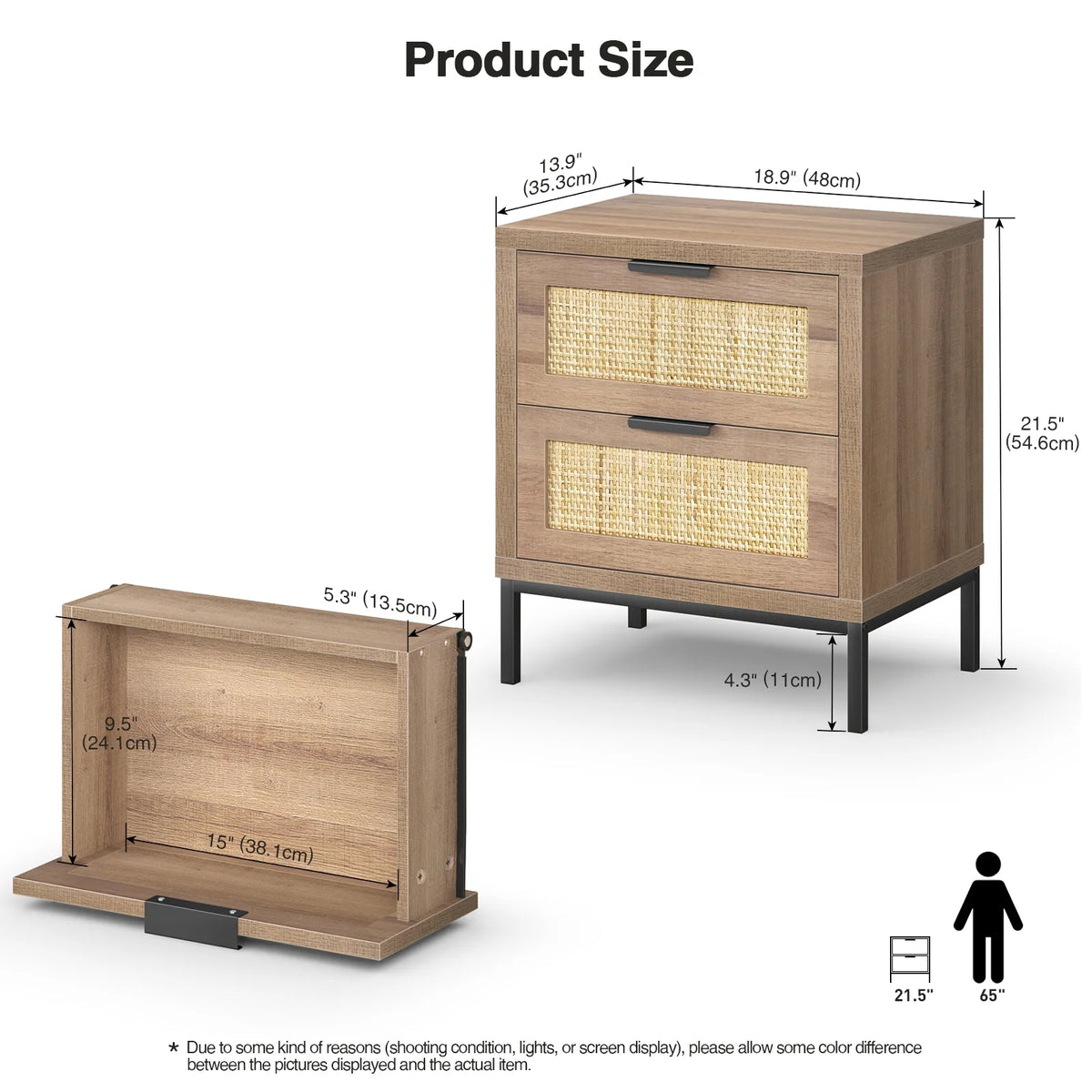 Modern Farmhouse 2 Rattan Drawer Wood Nightstand E959