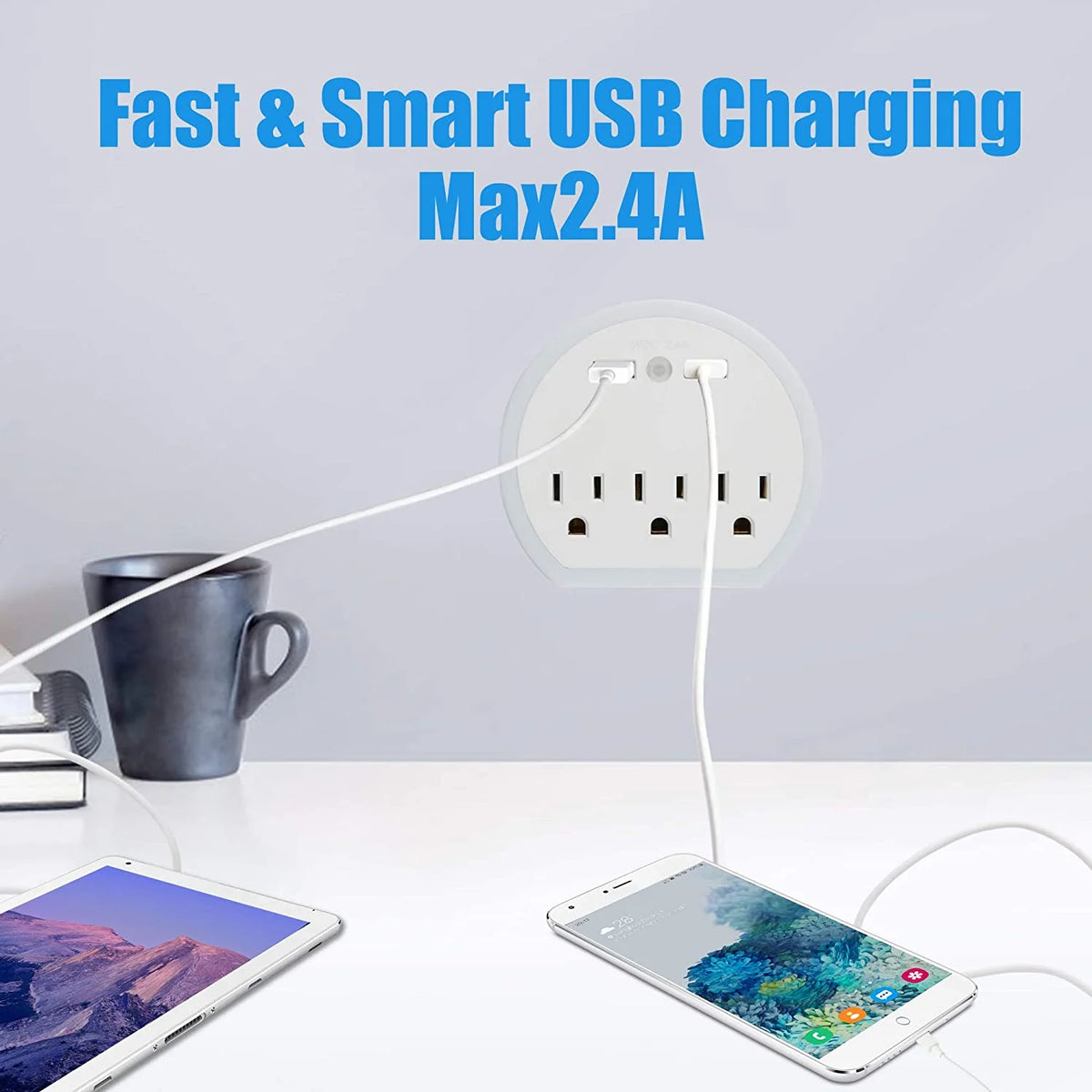2 Pack White USB Outlet Extender with Night Light P863298