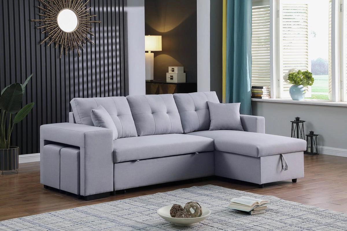 Light Gray Linen Reversible Sleeper Sectional with Storage Chaise D274