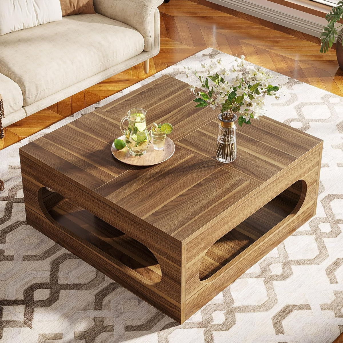 Brown Wood Coffee Table with Storage and LED Light S923594