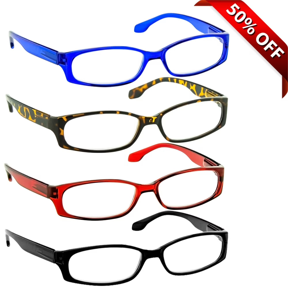 4 Pack Reading Glasses Black Tortoise Red Blue P7517
