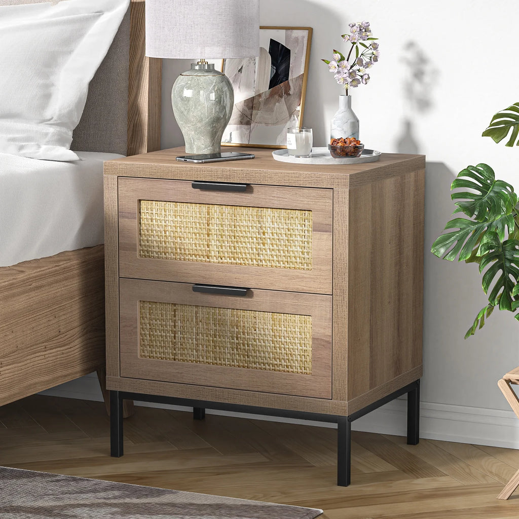 Modern Farmhouse 2 Rattan Drawer Wood Nightstand E959