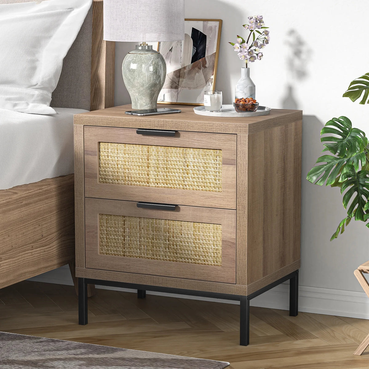 Modern Farmhouse 2 Rattan Drawer Wood Nightstand E959