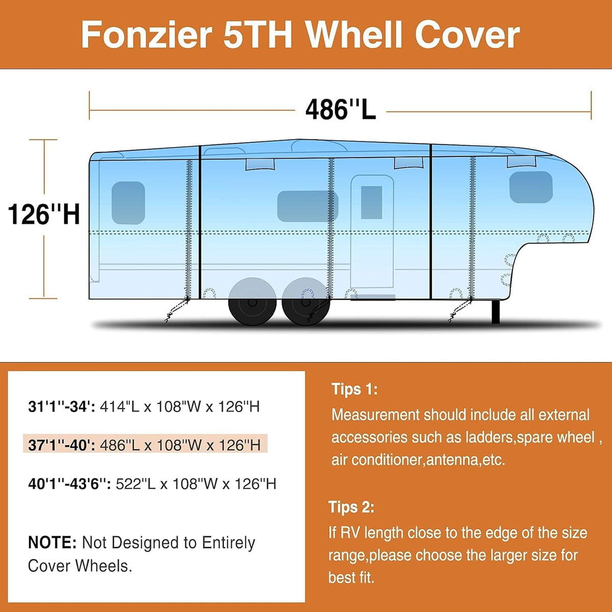 5th Wheel RV Cover Heavy Duty Camper Cover with 2Pcs Straps & Gutter Covers U64176