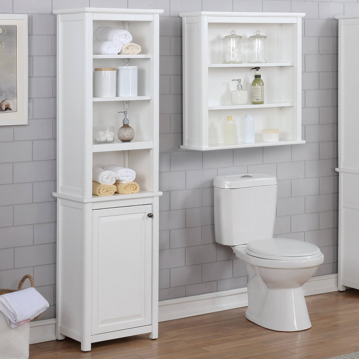 Bathroom Storage Tower with Open Upper Shelves and Lower Cabinet O641062