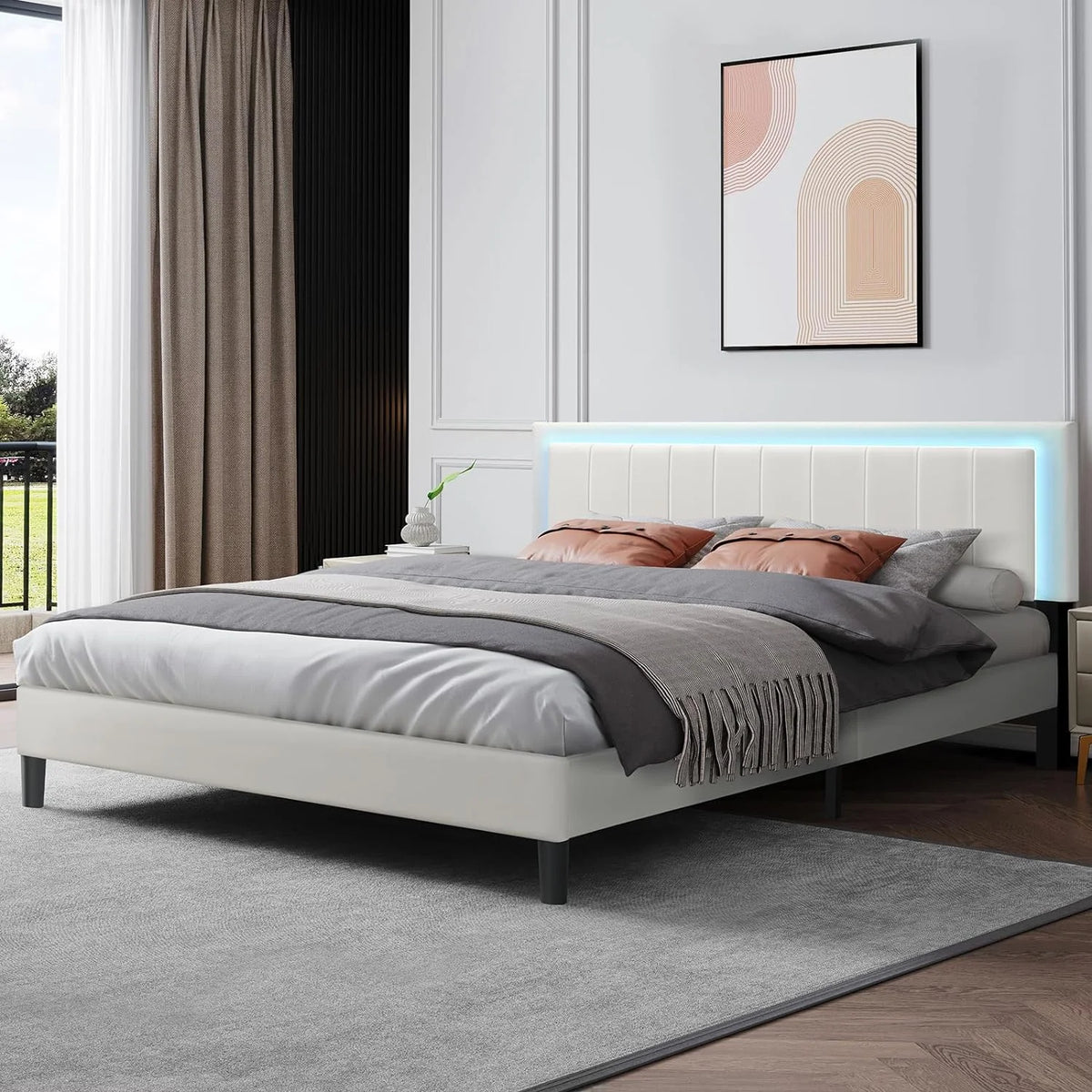 White King Size Upholstered Bed Frame with Faux Leather Headboard A17928