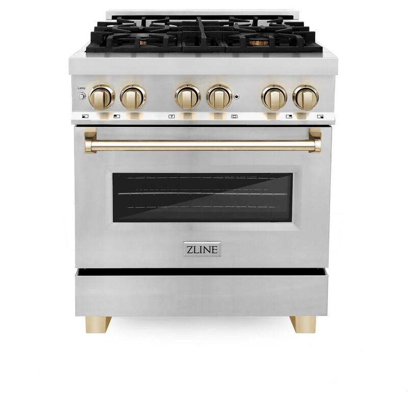 4 Burner Dual Fuel Range in Stainless Steel and Polished Gold N401
