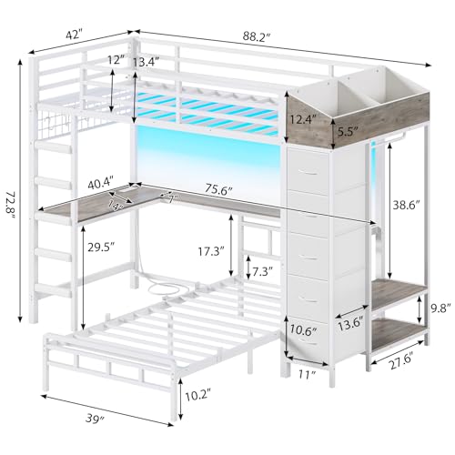 Twin Over Twin L-Shaped Bunk Bed with Desk, 5 Storage Drawers, Guardrail & Stairs, Black C5794
