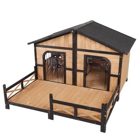 Wooden Large Dog House with Bottom Slide-Out Tray, 59 inch L, Natural Wood Color T230783