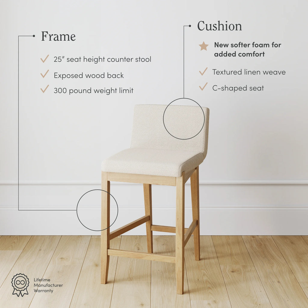 Counter Height Bar Stool with Back Upholstered Boucle Linen White Light Brown Q526