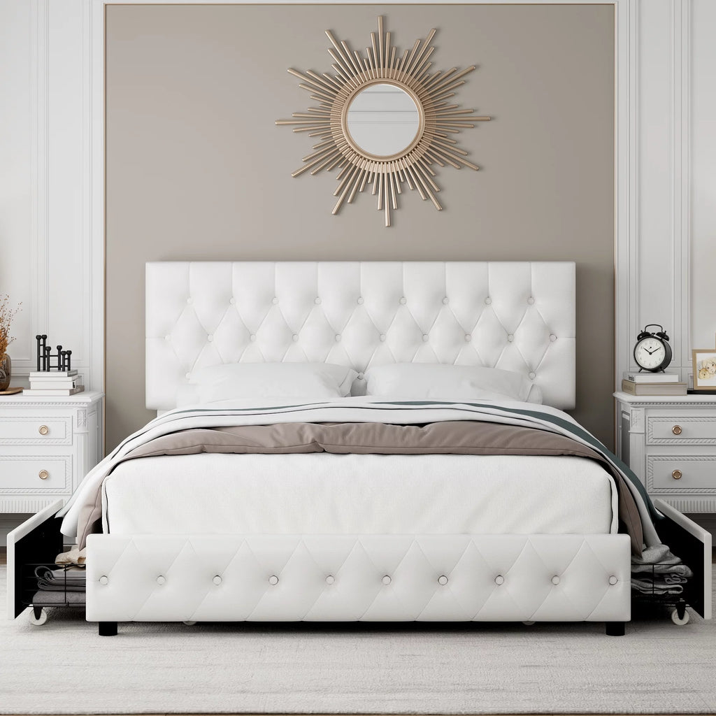 King White Faux Leather Upholstered Storage Bed Frame with 4 Drawers H867