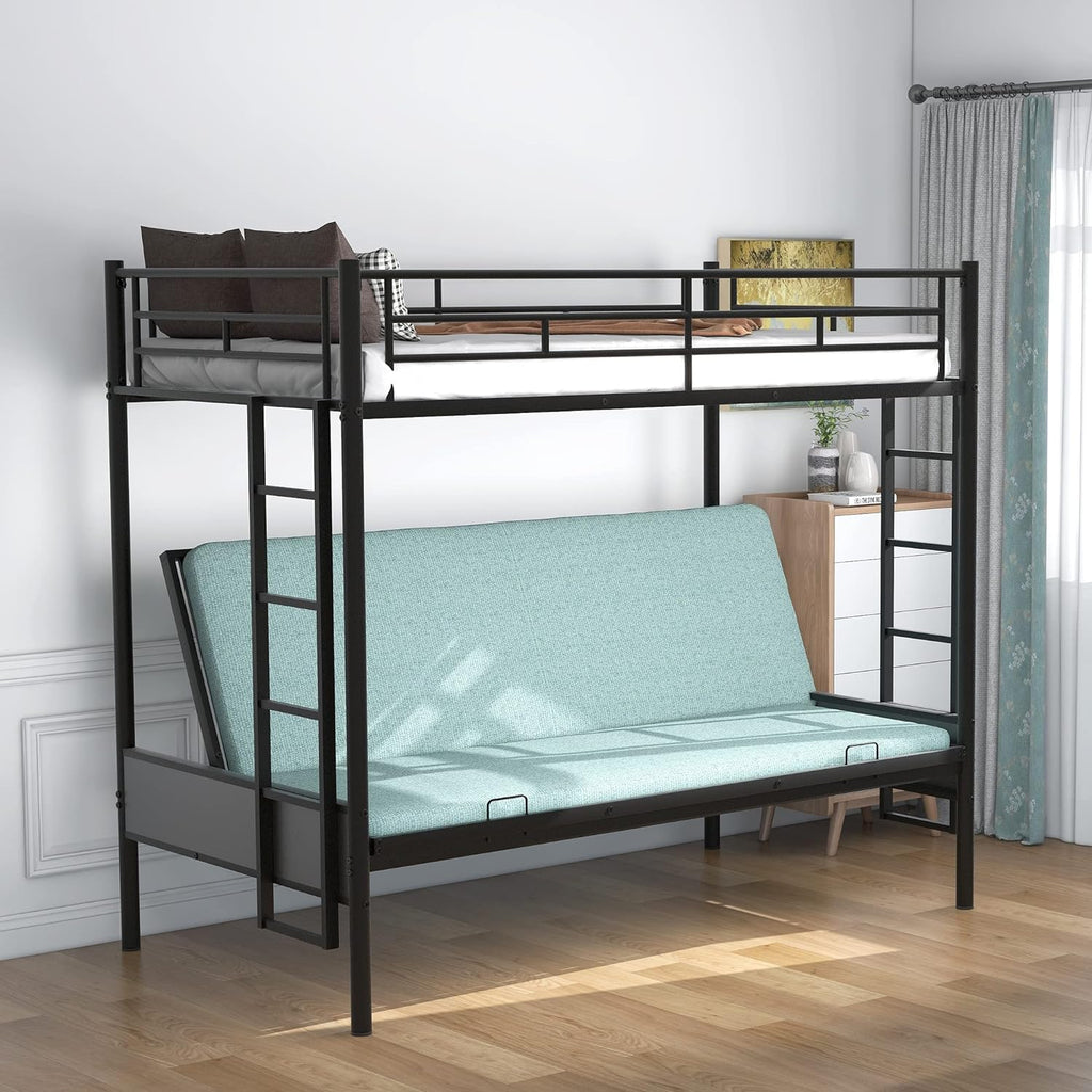 Twin Over Futon Full Bunk Bed with Metal Frame Black U7864