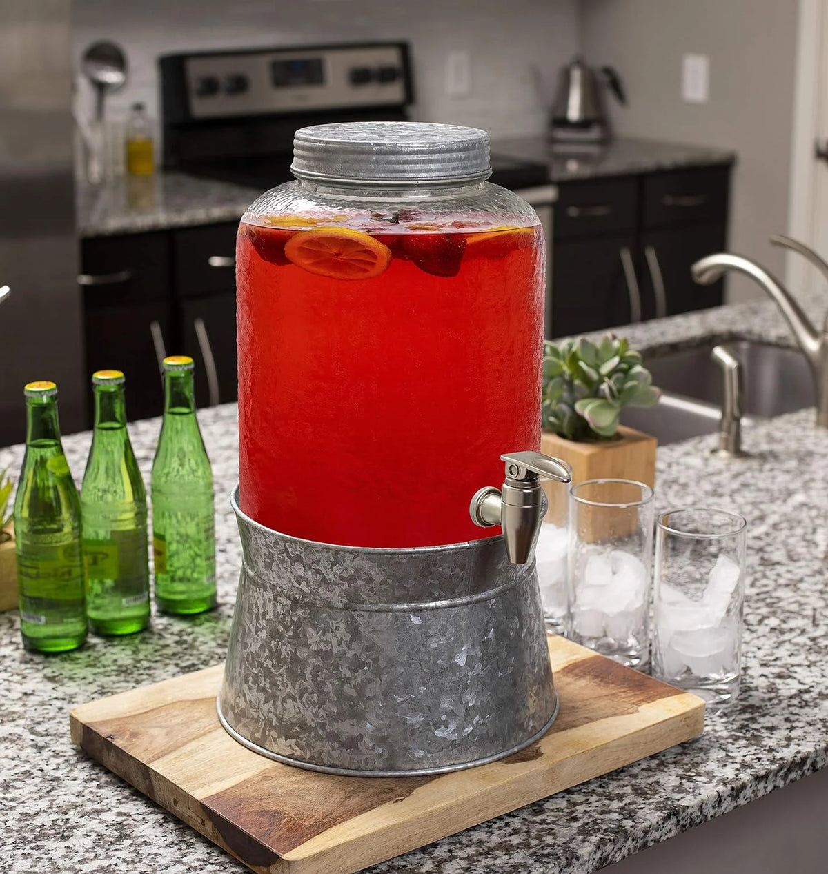Pebbled Glass Beverage Dispenser With Galvanized Stand O607