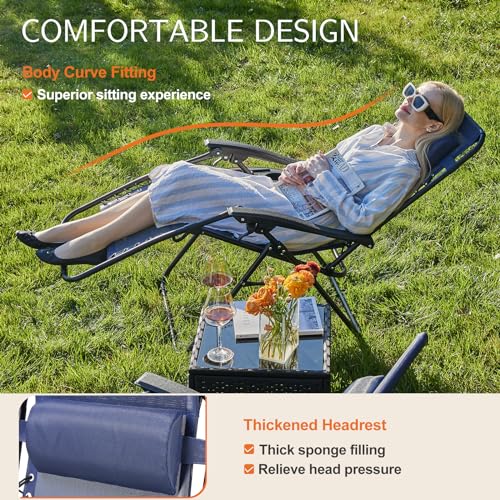 Set of 2 Blue Folding Zero Gravity Lounge Chair with Cup Holder W9041