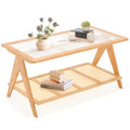 2-Tier Rattan Glass Coffee Table with Storage Shelf L547