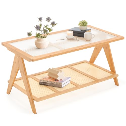2-Tier Rattan Glass Coffee Table with Storage Shelf L547