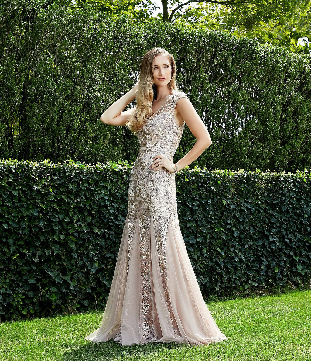 Illusion V-Neck Embroidered Lace Gown U674