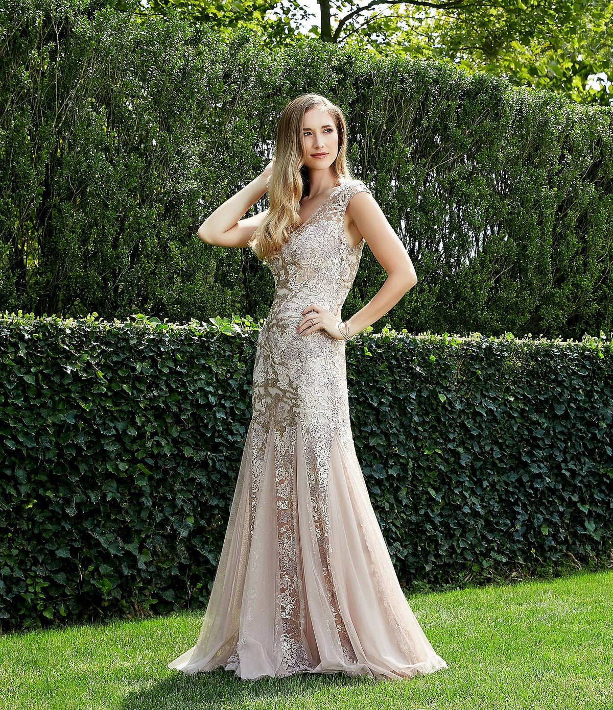 Illusion V-Neck Embroidered Lace Gown U674