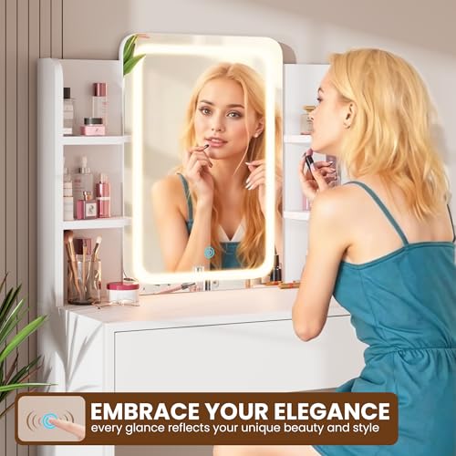 White Small Vanity Desk with Mirror and Lights W804169