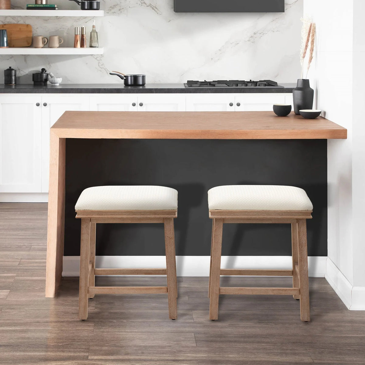 24" White PU Leather Counter Height Bar Stool Set of 2 B723634