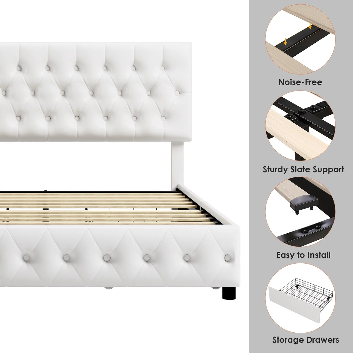 King White Faux Leather Upholstered Storage Bed Frame with 4 Drawers H867