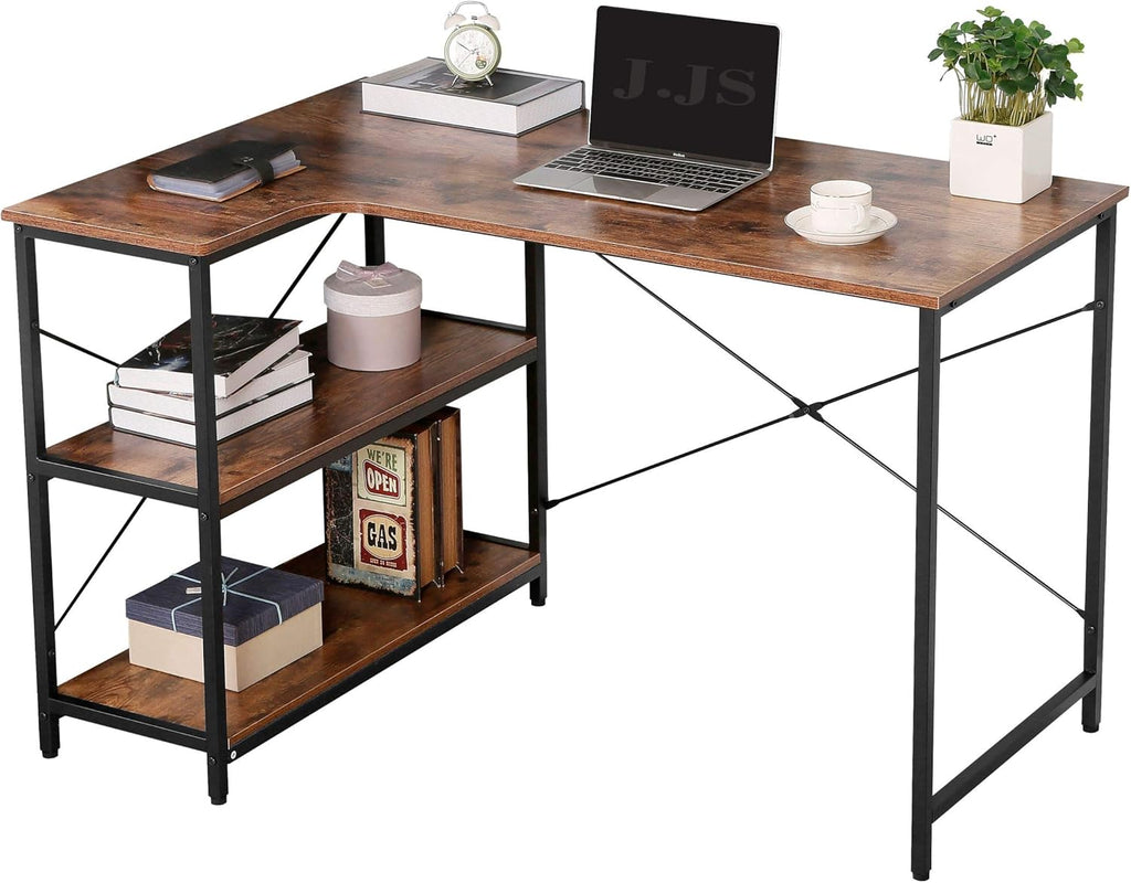 Rustic Brown L-Shaped Corner Computer Desk with Bookcase I750064