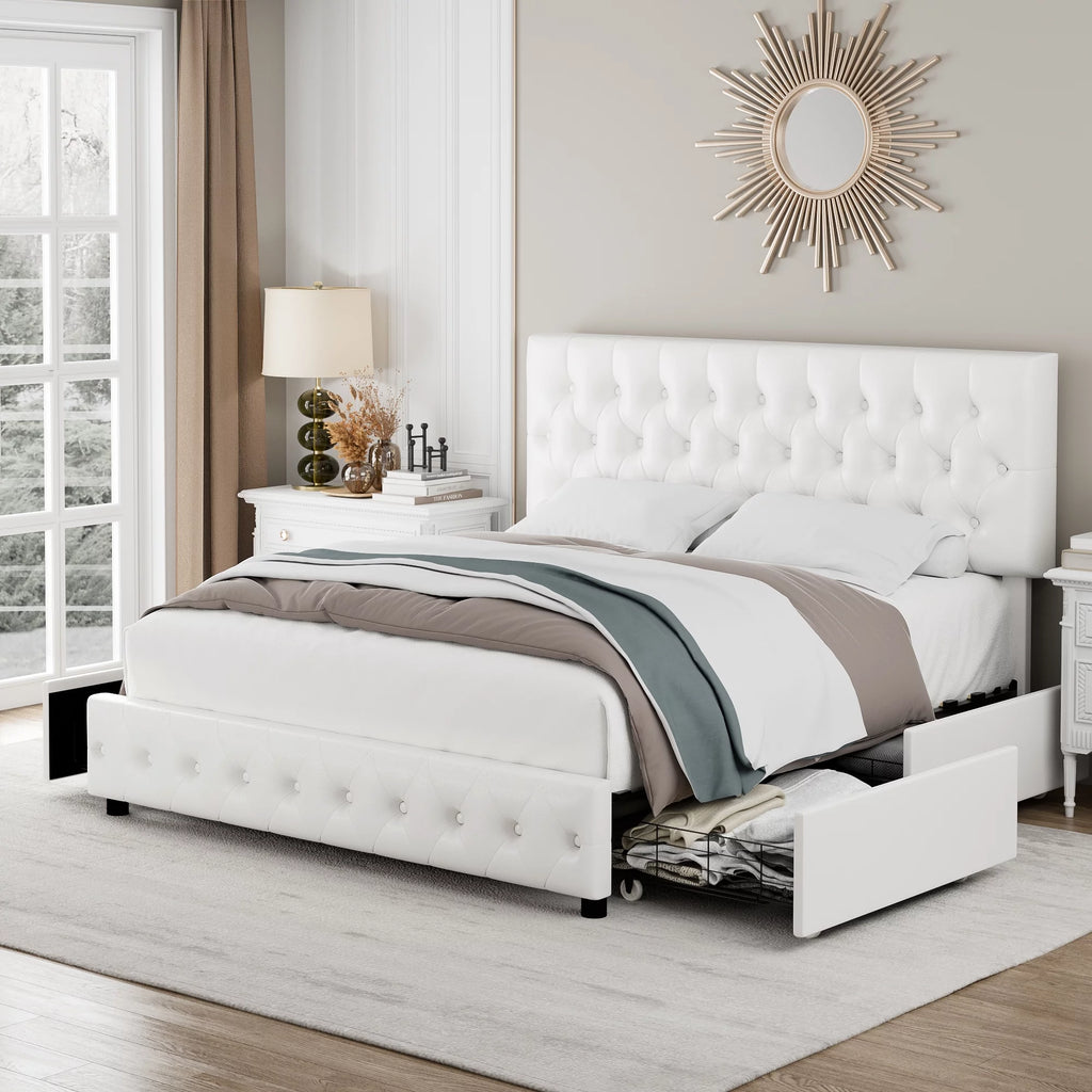 King White Faux Leather Upholstered Storage Bed Frame with 4 Drawers H867