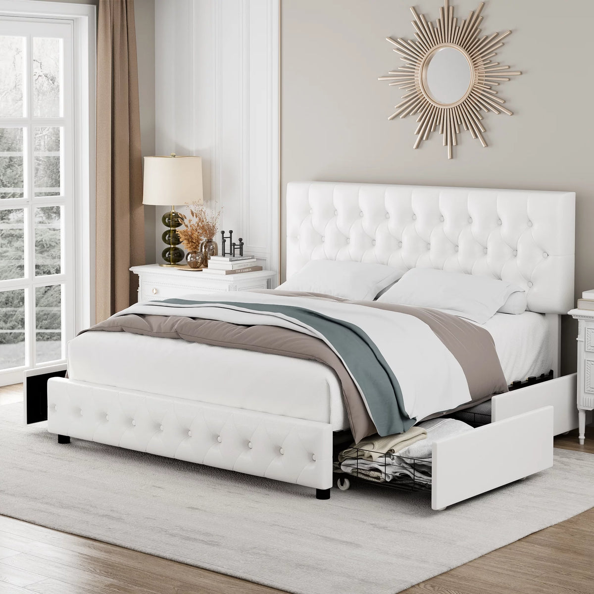 King White Faux Leather Upholstered Storage Bed Frame with 4 Drawers H867