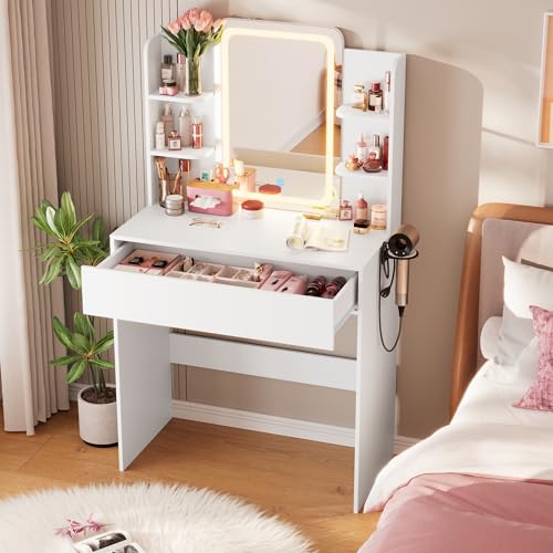 White Small Vanity Desk with Mirror and Lights W804169