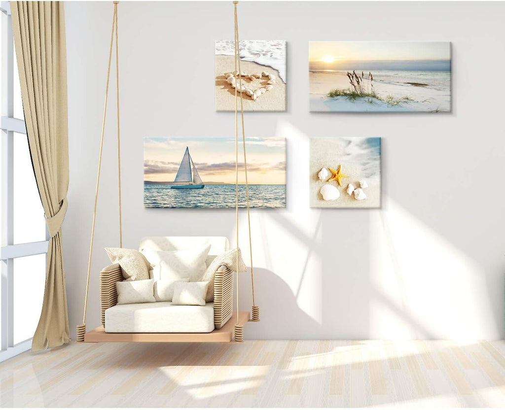 Sunset Canvas Art Seascape Painting with Sailboat Wall Art, 32'' x 16'' x 2 Panels + 16'' x 16'' x 2 Panels P14619