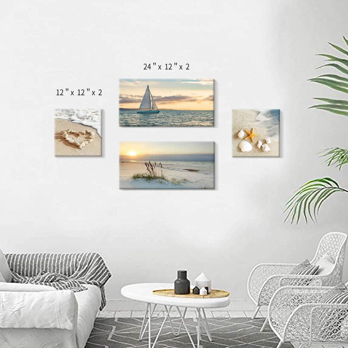 Sunset Canvas Art Seascape Painting with Sailboat Wall Art, 32'' x 16'' x 2 Panels + 16'' x 16'' x 2 Panels P14619