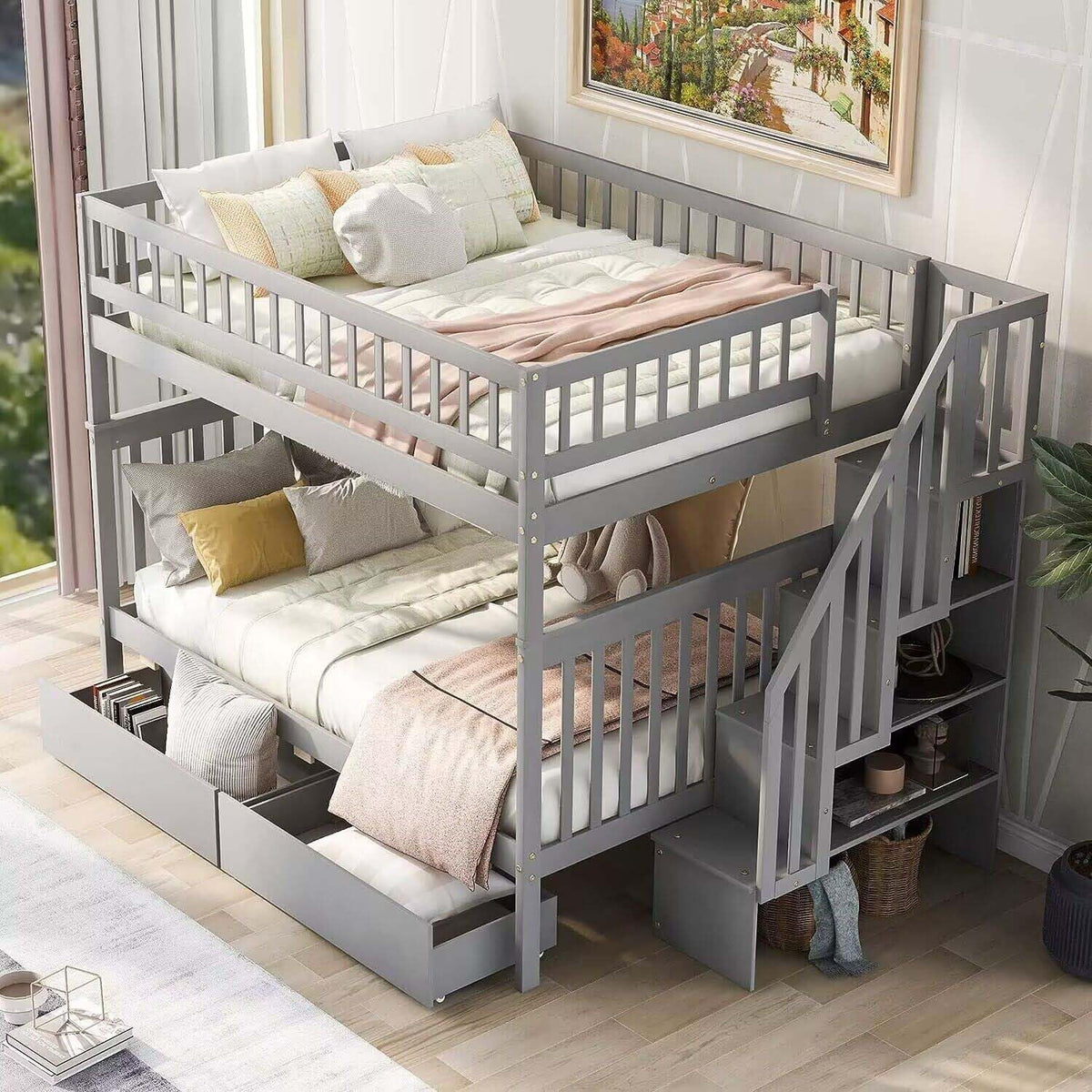 Full Over Full Solid Wood Bunk Bed with Stairs and Storage Drawers P22437