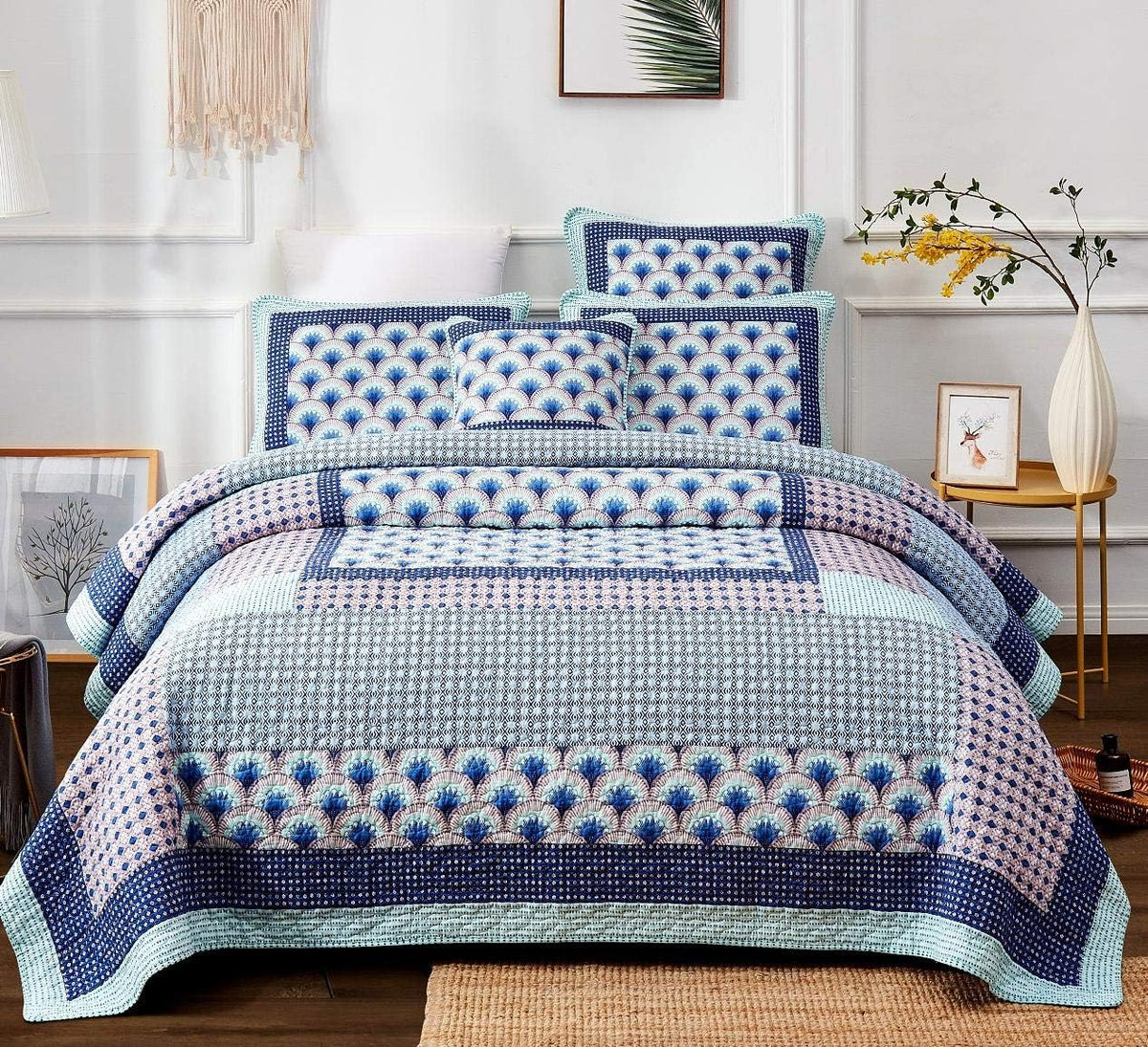Minty Blue Cotton Patchwork Bedspread Set Queen 3-Pieces V1990